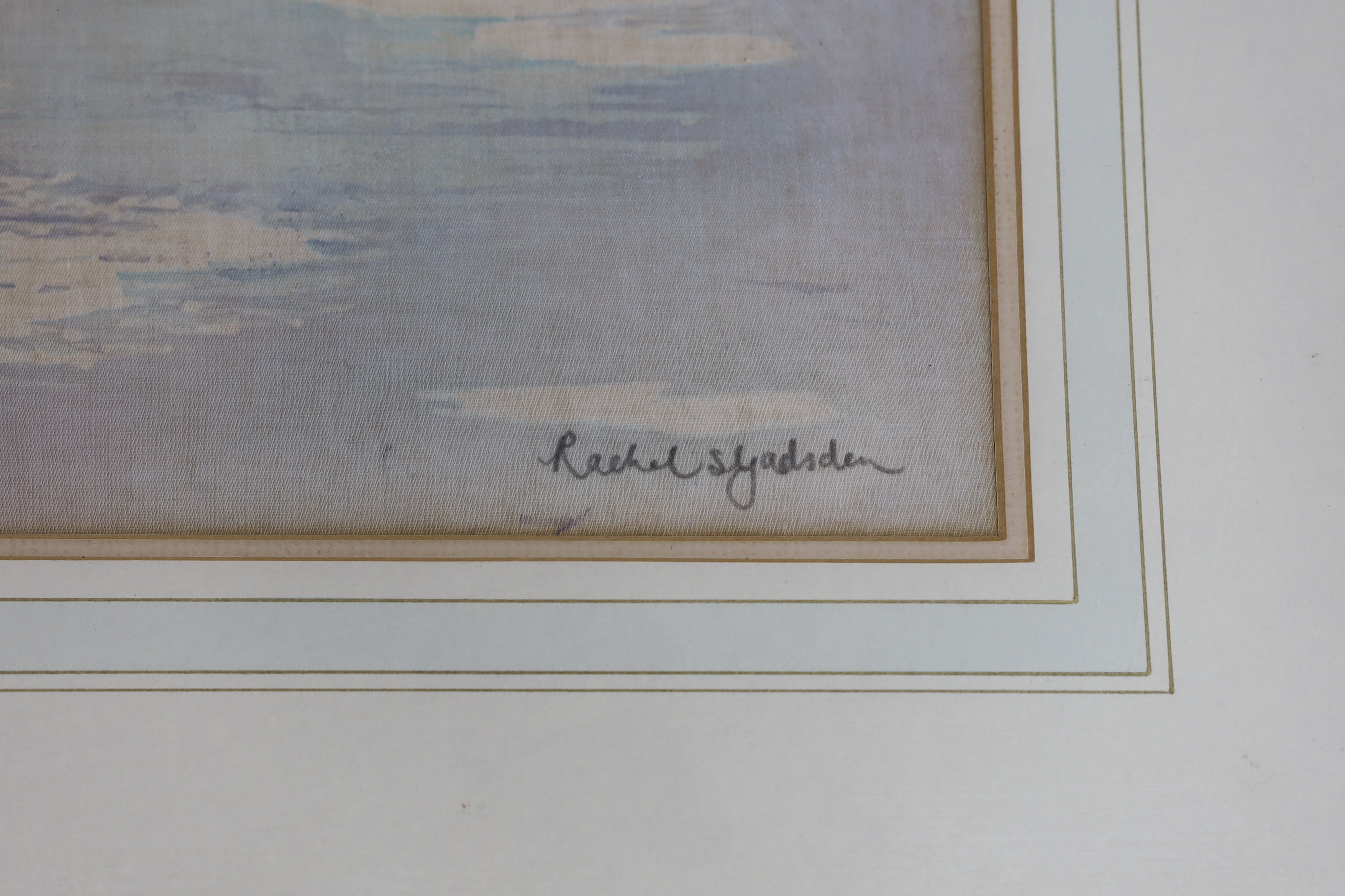 Watercolour on fabric, Sailing boat at sea, indistinctly signed possibly Rachel Sy?, 63 x 52cm